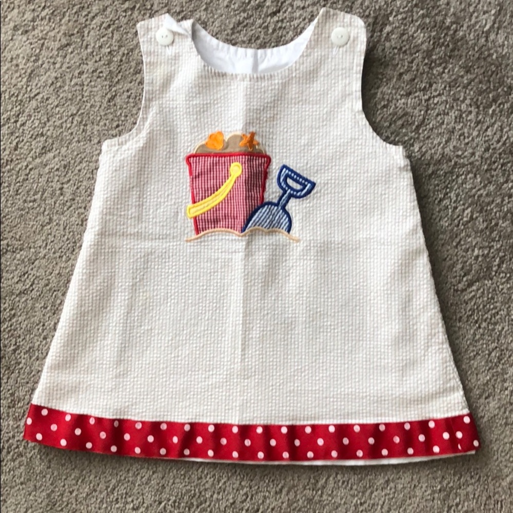 Sand pail and shovel smocked seersucker dress